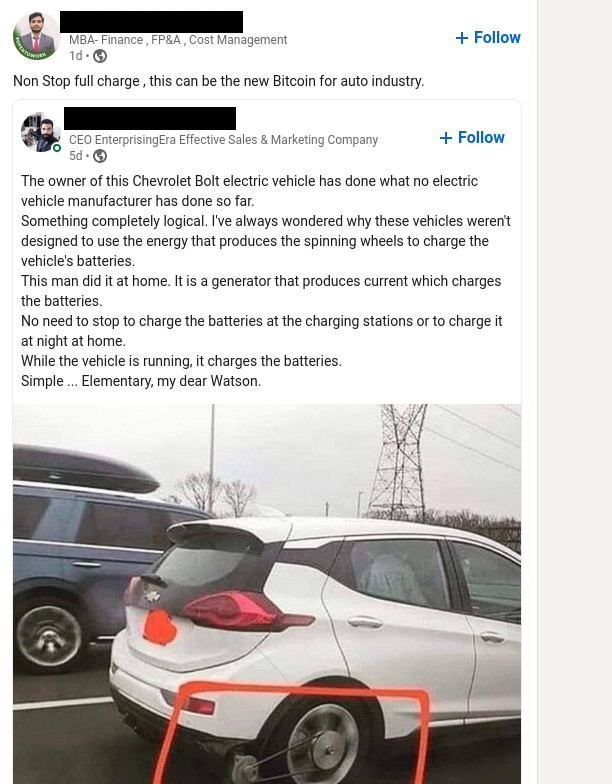 Attaching a generator to the wheel of your electric car for free charging, plus a vague Bitcoin reference comment. This may well be peak LinkedIn.