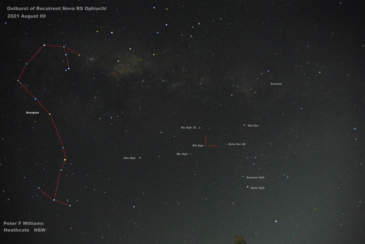 pfwaus's tweet photo. Images of the recurrent #nova #RSOphiuchi in outburst 2021 August 09 at magnitude 4.5 & near maximum brightness. Simple unguided short exposure from #HeathcoteNSW #Sydney #NewSouthWales #Australia #astronomy #variablestars #nature #Stars https://t.co/jVjXDWXHep