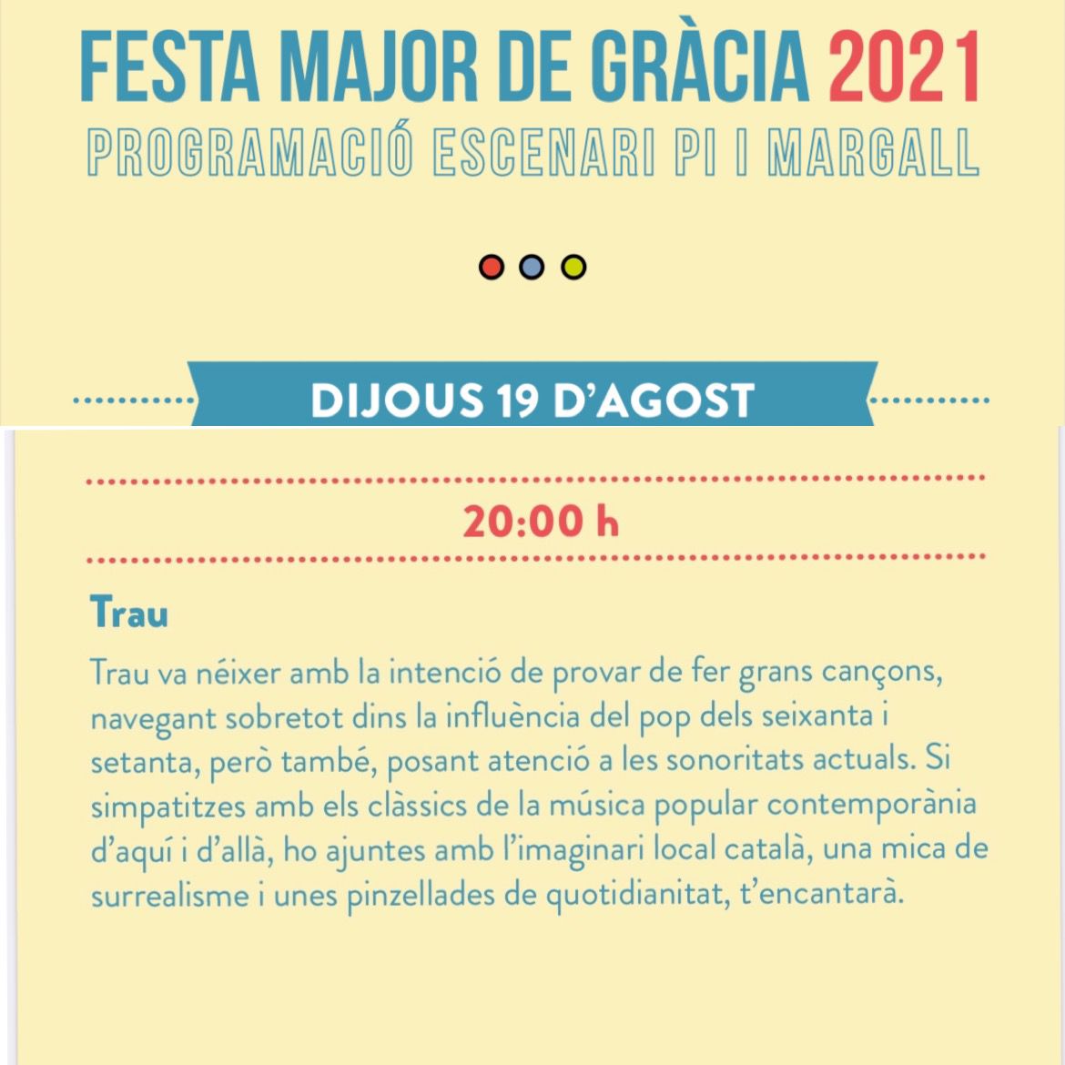 Per fi ja ho podem anunciar! Dijous 19 d'agost a les 20h tocarem a les #festesdegracia, a l'escenari del c/ Pi i Margall. Ens veiem allà?