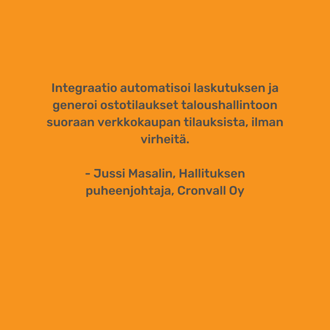 flashnode's tweet image. Integraatio automatisoi laskutuksen ja generoi ostotilaukset taloushallintoon suoraan verkkokaupan tilauksista, ilman virheitä.

- Jussi Masalin, Hallituksen puheenjohtaja, Cronvall Oy

bit.ly/3yXtqo8

#Flashnode #automaatio #laskutus #taloushallinto #verkkokauppa