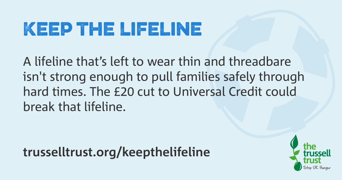 How would you feel if your income was suddenly cut by a fifth? The UK govt is planning to cut #UniversalCredit by £20 a week – we're concerned this will mean even more people need a #foodbank. 
Please write to your MP &amp; ask them to help #KeepTheLifeline bit.ly/3AfFtNh