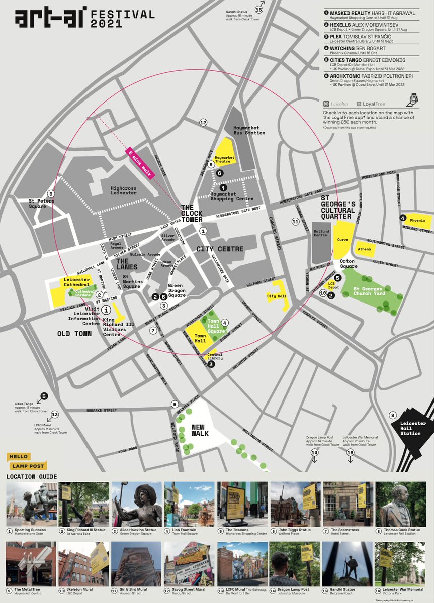 ArtAIFestival's tweet photo. Pick up an @ArtAIFestival map @visit_leicester @lcbdepot @PhoenixLeic &amp; @leicestermuseum + the @BIDLeicester ambassadors may have one too... check out the @HelloLampPost_ route &amp; interact with #Hexells #MaskedReality &amp; #PLEA all on during AUGUST in #Leicester 
#creativeAI https://t.co/YS8tfnSCRB