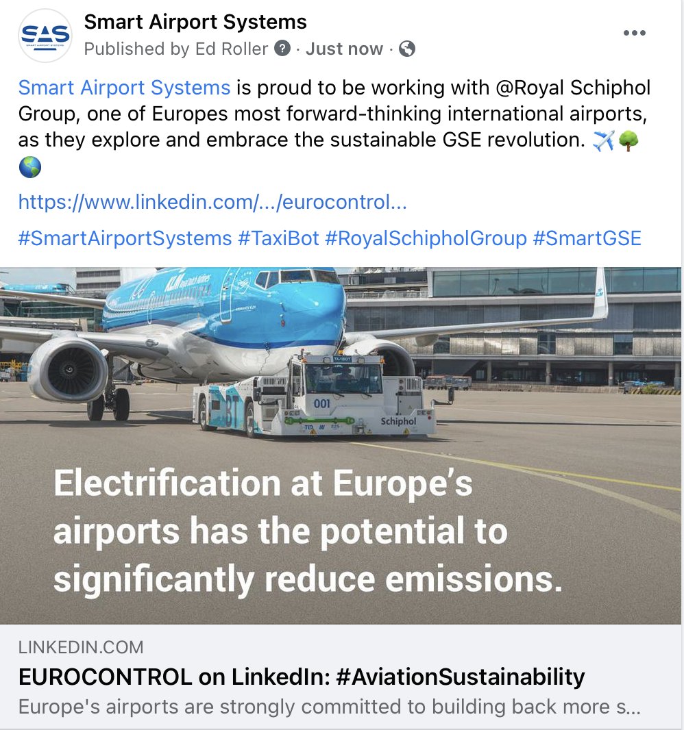 <a href="/SAS_GSE/">Smart Airport Systems</a> is proud to be working with @Royal Schiphol Group, one of Europes most forward-thinking international airports, as they explore and embrace the sustainable GSE revolution. ✈️🌳🌎
linkedin.com/.../eurocontrol...
#SmartAirportSystems #TaxiBot #RoyalSchipholGroup #SmartGSE