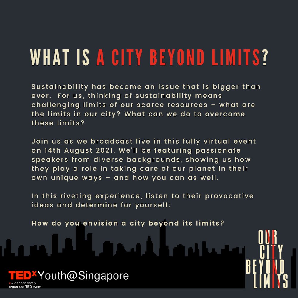 TEDxSingapore's tweet photo. TEDxYouth@Singapore is back! This year, the youths are gathering for an important conversation on sustainability. Featuring 3 speakers &amp; finalists from the recently concluded Youth Ideathon, get ready for an ideas-filled afternoon. 💡https://t.co/Y6vPoTQpgn - don’t say we bojio! https://t.co/V0dtR0OO7N
