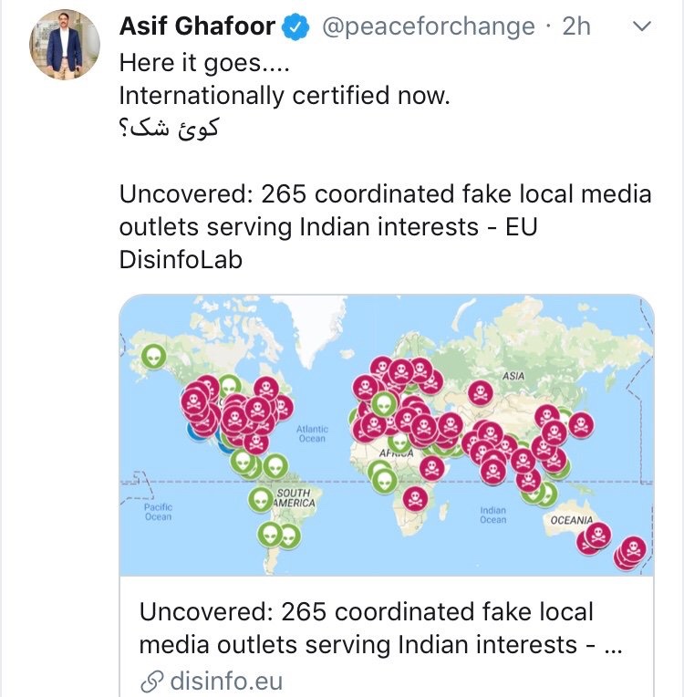 PakistanFauj's tweet image. India are masters of #FakeNews &amp;amp; propaganda against #Pakistan

265 coordinated #Fake local media outlets serving indian interests - EU DisinfoLab 

#BlameGameOnPakistan
#PakistanArmy #ISPR