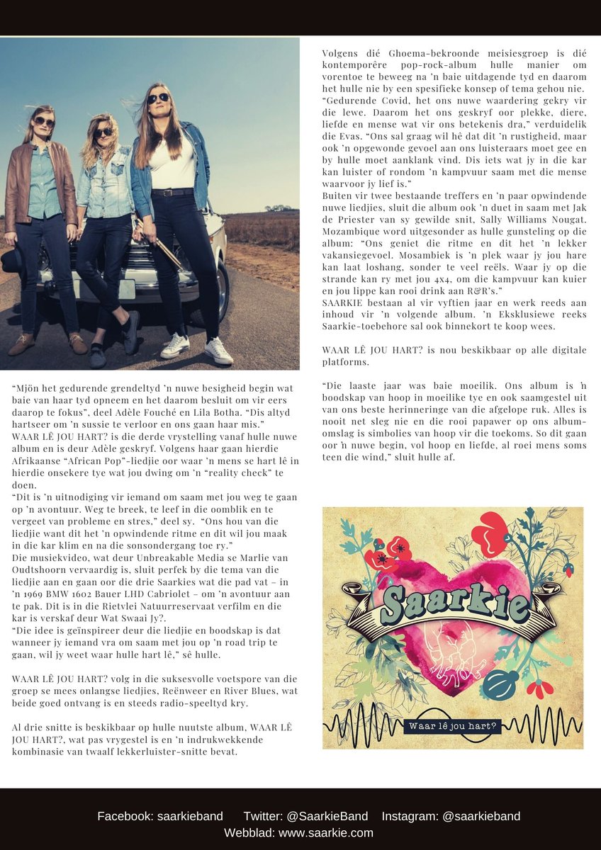 [Artikel]
Die dames van <a href="/SaarkieBand/">SAARKIE</a> vier 'n nuwe album, enkelsnit, video en lid!
Lees meer hieronder!

#StarburstPromotions 
#RegteMense #RegtePublisiteit #RegteResultate
