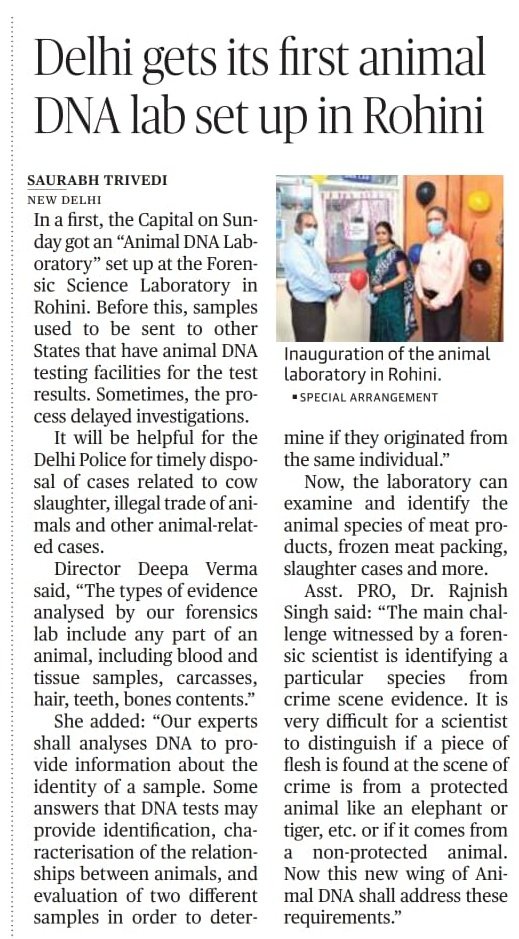 ForensicTimes's tweet image. Animal DNA Laboratory” set up at the #ForensicScienceLaboratory in Rohini. Before this, samples used to be sent to other States that have animal #DNA testing facilities for the test results. Sometimes, the process delayed #investigations