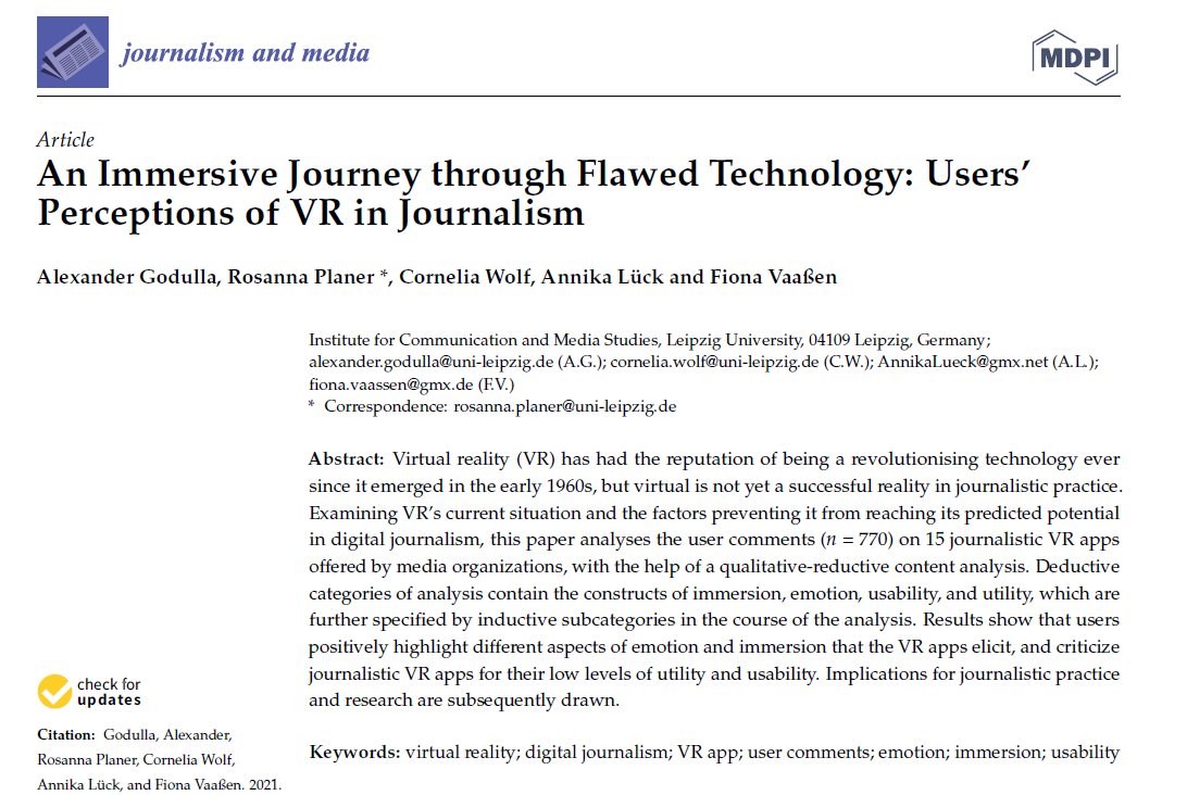 New publication ‼️

'An Immersive Journey through Flawed Technology: Users’ Perceptions of VR in Journalism' by <a href="/AGodulla/">Alexander Godulla</a> @rosanna_planer <a href="/CorneliaC_Wolf/">Cornelia Wolf</a> <a href="/annika_lueck/">Annika Lück</a> <a href="/fiona_vaassen/">Fiona Vaaßen</a> 
 
The article is #openaccess and publicly available 👇

mdpi.com/2673-5172/2/3/…

#VR #journalism