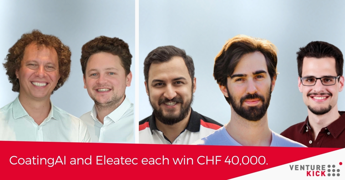 Artificial intelligence for manufacturing and cold storage: coatingAI and Eleatec advance to the next stage of Venture Kick, winning CHF 40,000.
Congratulations to the ambitious teams of entrepreneurs!
venturekick.ch/CHF-40000-for-… 
#SwissStartups #VentureKick #AI