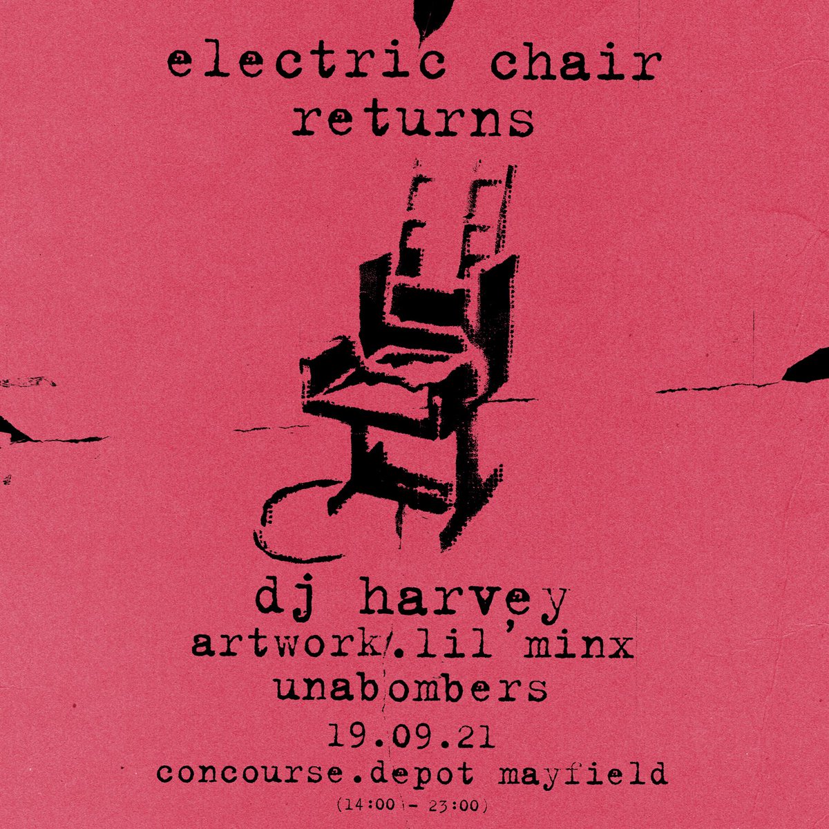 WHP21 /// 19.09.21

Manchester's iconic Electric Chair returns with a special day-long takeover of the Concourse. Electric Chair hero DJ Harvey makes his first Manchester appearance for  nearly ten years, alongside Artwork, Lil' minx &amp; the Unabombers

Tickets onsale Wed 10am.