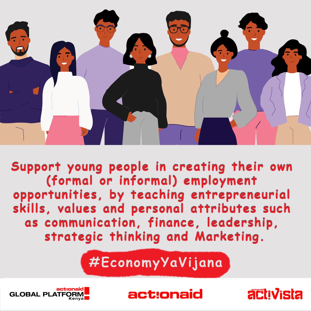 Support young people in creating their own employment opportunities by teaching entrepreneurial skills, values and personal attributes such as communication and finance.

#EconomyYaVijana