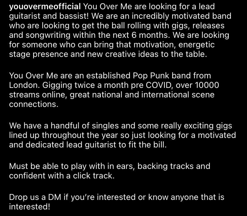 🚨 CALLING LEAD GUITARISTS AND BASSISTS 🚨

think that sounds like something you’re interested in? drop us a message on any of our socials to find out more! 

#london #ukpoppunk #poppunkuk #guitar #bass #band