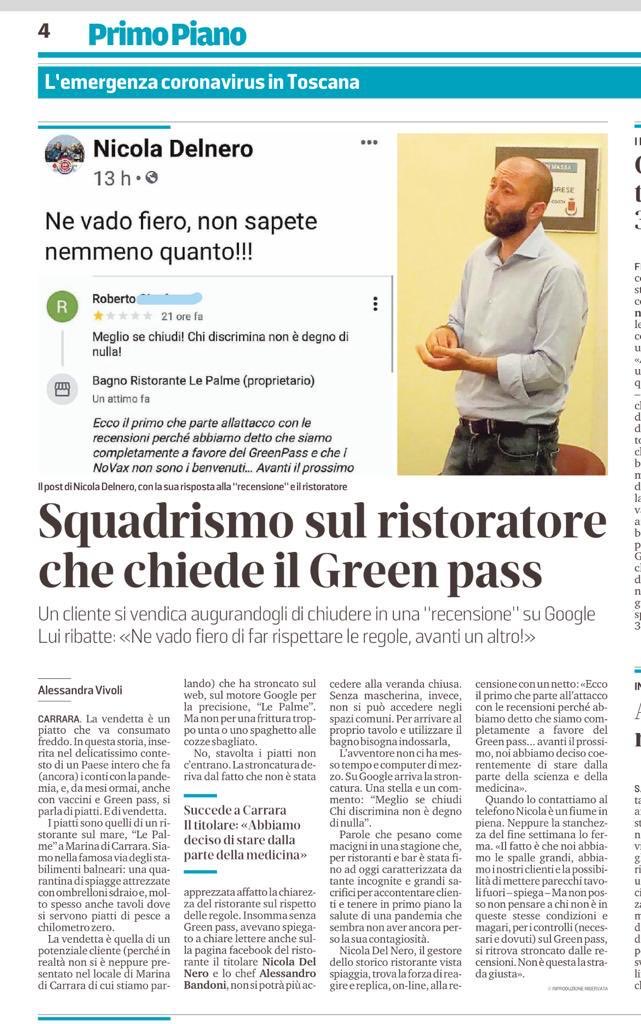 Un abbraccio forte a #NicolaDelNero. So che non si spaventerà davanti agli attacchi di qualche squadrista della domenica. #greenpass