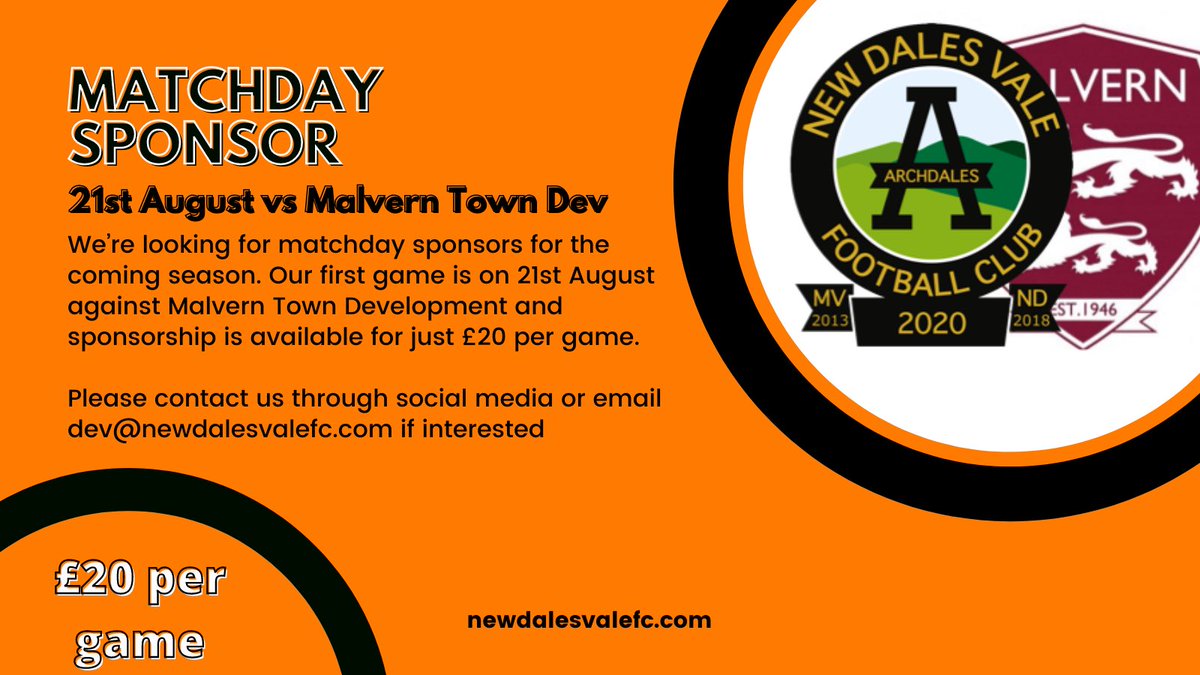 We’re looking for a sponsor for our 1st game of the season against Malvern Town Dev on Saturday 21st August, in what will be our first game in the Hellenic League. Anyone interested drop us a message or an email on the address below and we can give you more information/details