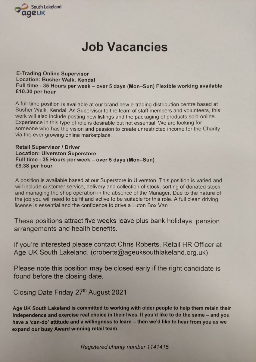 Are you looking for a job? Do you know someone who needs a job?
Age UK South Lakeland are seeking enthusiastic and hardworking people to join their team.
If interested see details below.