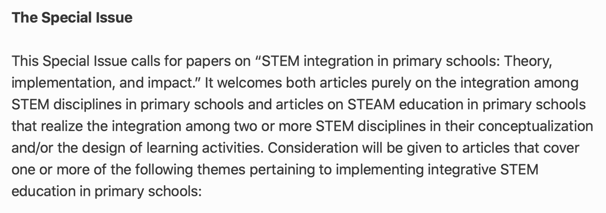 Great news for STEM researchers: The call for our special issue has been announced in the IJSME website. springer.com/journal/10763/… Abstracts due 30th Dec 2021...please consider submitting ✍️