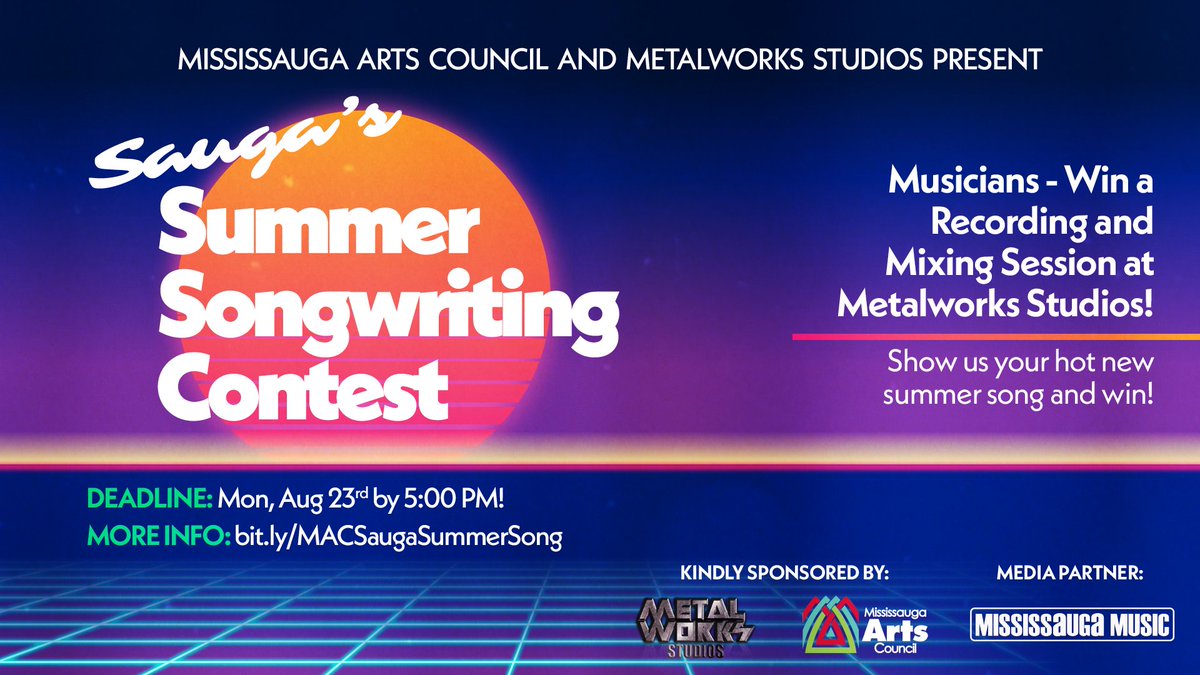Musicians - Win a recording and mixing session at Metalworks Studios <a href="/metalworksSOUND/">Metalworks Studios</a>! Apply for the first 'Sauga's Summer Songwriting Contest! 

The winner will be announced at the Mississauga Music Awards <a href="/Mississauga_M/">Mississauga Music</a>!

Deadline: Mon, Aug 23rd
➡️bit.ly/MACSaugaSummer…