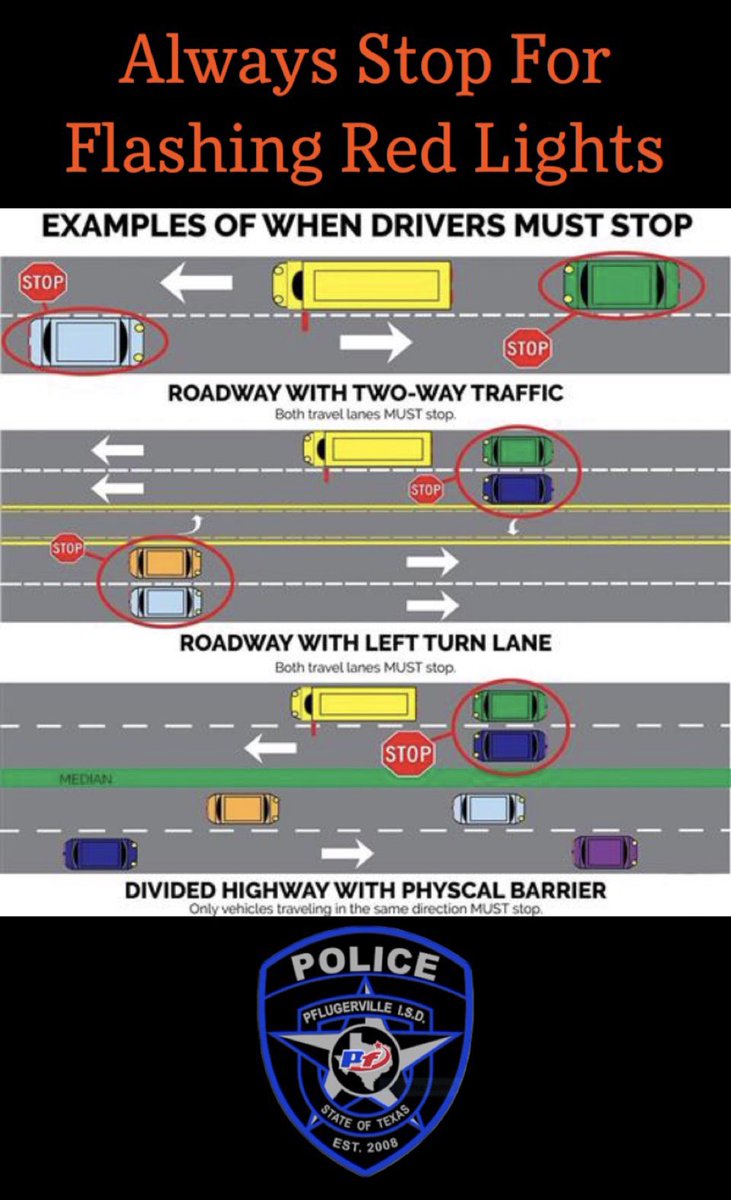 Red flashing lights on a stopped School Bus mean STOP! 🛑🚸🚌🚨

Classes resume this Thursday, 8/12/21 ~ Let's all do our part to make sure our children have a safe journey to and from school! <a href="/pfisd/">Pflugerville ISD</a> <a href="/PfISDHR/">Pflugerville ISD Human Resource Services</a> <a href="/DougKillian/">DougKillianPhD</a> <a href="/DeniseKRN/">DenisePetherbridge</a>