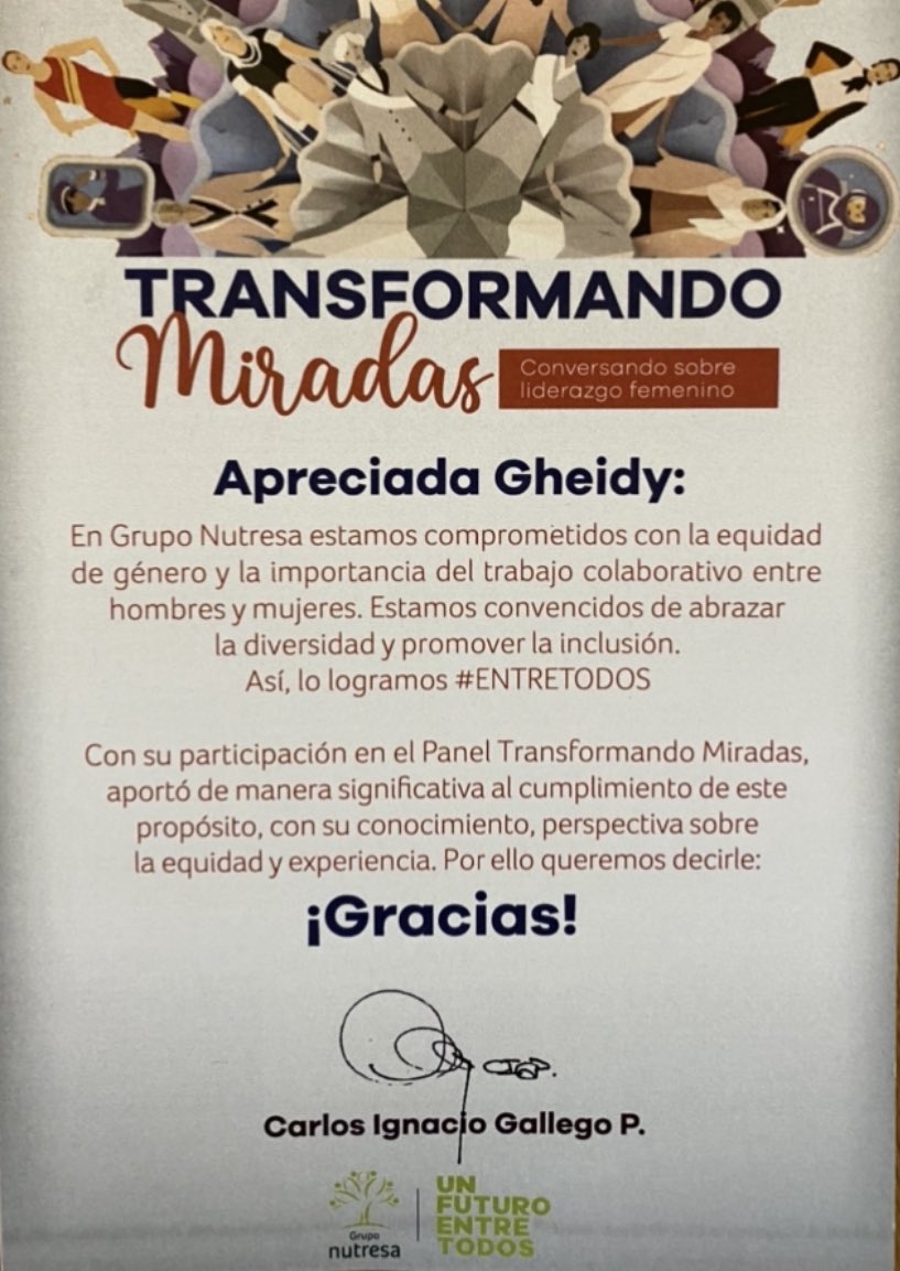 GheidyGallo's tweet photo. Apreciado Carlos Ignacio, todo el agradecimiento es mío! Esta iniciativa de @Grupo_Nutresa aporta al propósito de construir un país verdaderamente equitativo para las mujeres. Tu liderazgo y el rol del sector privado es fundamental para continuar #TransformandoMiradas #EntreTodos https://t.co/j6yqA6gvR4