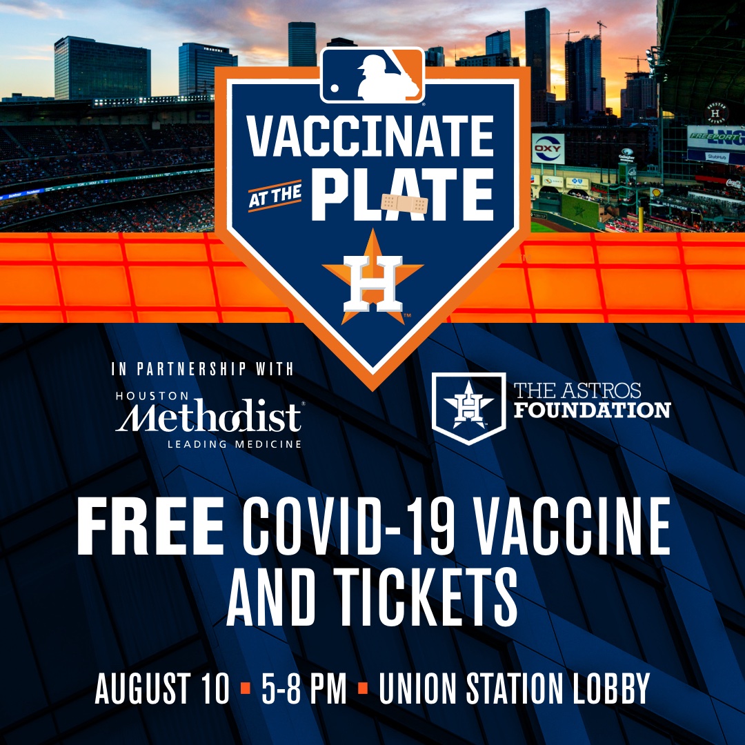 Tonight is Vaccinate at the Plate! 🩹

Get your FREE COVID-19 vaccine in Union Station from 5-8pm and receive two tickets to a future #Astros regular season home game. Participants don't need a ticket to tonight's game to receive their vaccine.

<a href="/MethodistHosp/">Houston Methodist</a> x #AstrosFoundation