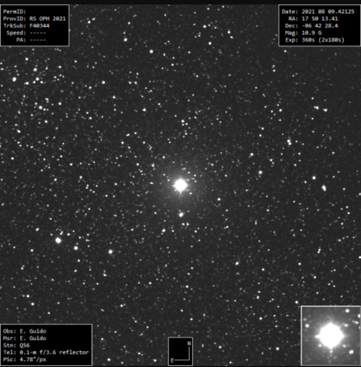 JohnRMoffitt's tweet photo. NAKED-EYE NOVA: Every 20 years or so, a thermonuclear explosion occurs on the surface of RS Oph, a white dwarf in the constellation Ophiuchus. It just happened Aug 8th. The brightness of the tiny star increased 600-fold, from magnitude +12 to +5. 

#RecurrentNova 
@ScientistMel https://t.co/vdCiJOLulm