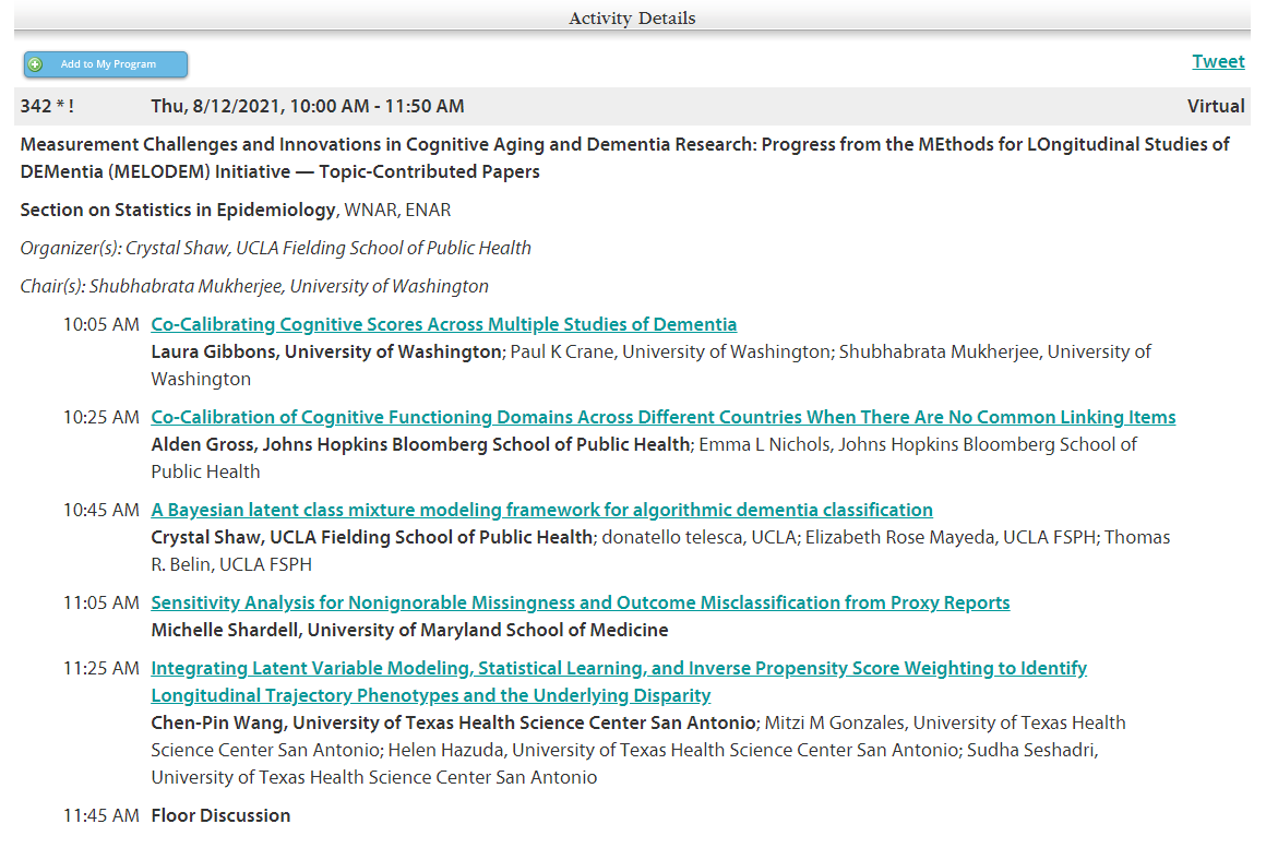 Attending  #JSM2021? Make sure to join our @MELODEM contributed papers session on 12th August at 10 am ET . We have a fantastic series of talks by Laura Gibbons, <a href="/Alden_Gross/">Alden Gross</a>, @cshawsome, Michelle Shardell, Chen-Pin Wang. <a href="/FHpsych/">Advanced Psychometrics Methods in Cognitive Aging</a>.