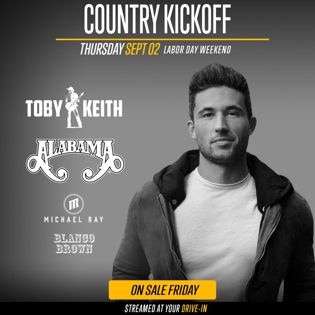 Michaelraymusic's tweet photo. Fired up to be a part of the Country Kickoff drive-in streamed concert! Tix go on sale this Friday, 8/13 at 12pm EST ๐ค๐ป #driveinnights @encoredrivein https://t.co/52ND6c1FgW https://t.co/GvJ3qmnY80