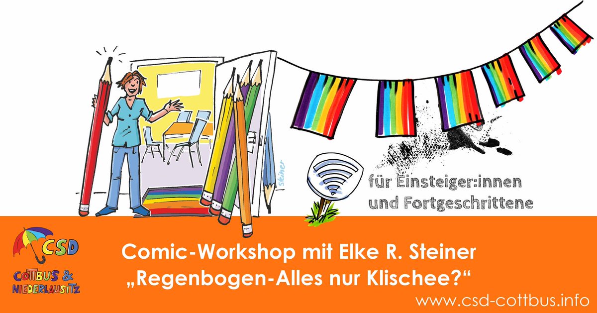 Queer Comic-Workshop beim CSD Cottbus e.V. diesen Freitag, 13.8.2021: "Regenbogen - Alles nur Klischee?". Online-Veranstaltung, Info und Anmeldung: veranstaltung.csd-cottbus.info