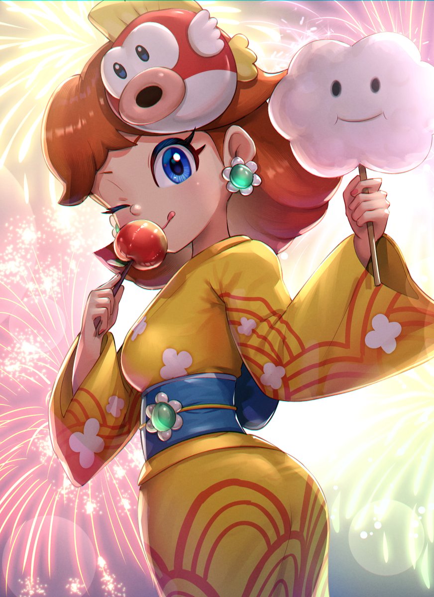 princess daisy 1girl fireworks food earrings japanese clothes jewelry kimono  illustration images