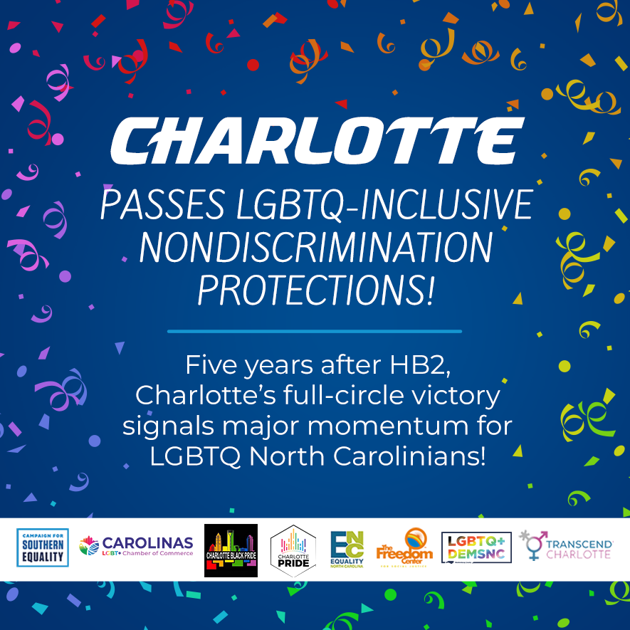 ACLU_NC's tweet photo. Charlotte – we did it!🥳🥳 The City Council has passed an LGBTQ-inclusive nondiscrimination ordinance, thanks to your leadership and pressure! This is a major step toward LGBTQ equality across the state. Help share the good news! #NCisReady #CLTisReady

@EqualityNC @SouthernEqual https://t.co/ZY7daVA8u3