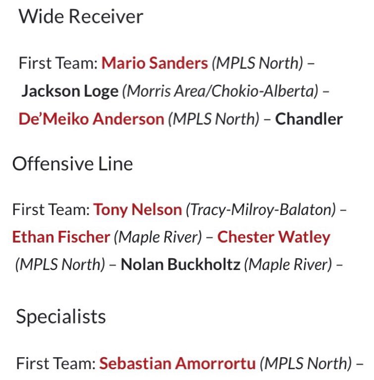 Greatful to have been selected pre-season AA all state specialist by <a href="/PrepRedzoneMN/">Prep Redzone Minnesota</a>. Also shoutout to my teammates @JiggyRio <a href="/Meikk_2/">Meiko Anderson Jr</a> and <a href="/Chester_W56/">Chester Watley</a> for the preseason all state selections! Proud to be part of the <a href="/PolarsFB/">MplsNorthFB</a> family! 
<a href="/SpankOA/">Coach O.A</a> <a href="/friestleben/">MauriChantel</a> <a href="/Coach_KFox/">Kyle Fox</a> <a href="/QBCoachLach/">Tom Lachermeier</a>
