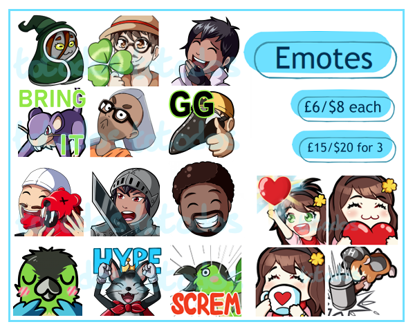 totodo_s's tweet photo. Emote and sub/bit badge commissions are always open! 🥳
All prices are in GBP/USD, but I'll convert to whatever your local currency is ❤️
⭐️⭐️full details at https://t.co/Jk1lSnHpVx ⭐️⭐️

#emoteartist #twitchstreamer #commissionsopen https://t.co/WlRl2JdVBM