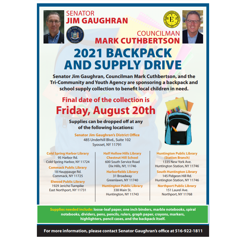 NENPL's tweet photo. Donate school supplies! 
@HHHCL
@CSH_Library
@CommackLibrary
@ElwoodPublicLib
@HarborfieldsLib
https://t.co/PZFh8U7TL6
@SHPLStaff
@NENPL 

Sponsors: Sen. Jim Gaughran @Gaughran4Senate, Councilman Mark Cuthbertson, &amp; Tri-Community &amp; Youth Agency https://t.co/WD8nk8Bn80.