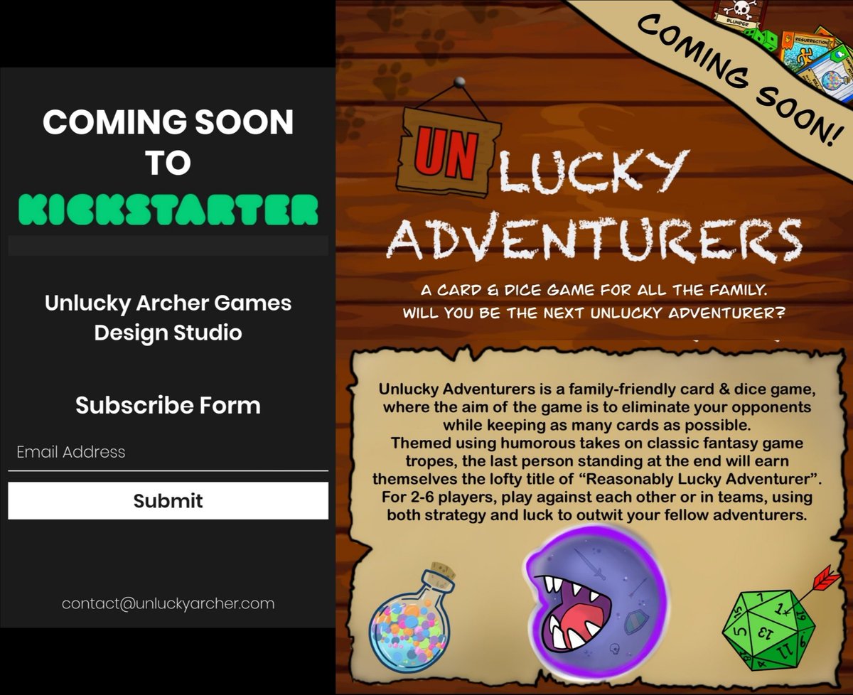 Unlucky_Archer's tweet photo. So... How would y'all feel about heading on over to our website (in bio) and hitting that subscribe button? 😉
We're gathering our mailing list together ready for our launch of Unlucky Adventurers and we'd love to keep people up to date directly when it goes live on #Kickstarter. https://t.co/6RR9Ct9kJQ