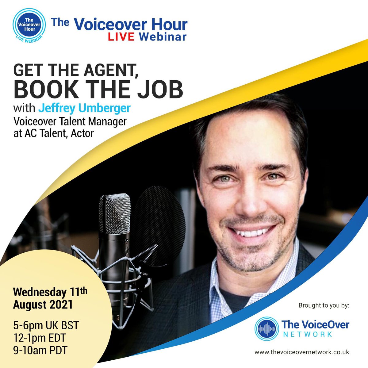 On this weeks The Voiceover Hour LIVE webinar I’ll be talking to the BRILLIANT Voiceover agent/manager Jeffrey Umberger about how to get an agent and book more voiceover work. 

Bring your questions as this will be interactive.

Register for FREE here -
thevoiceovernetwork.org/events/the-voi…