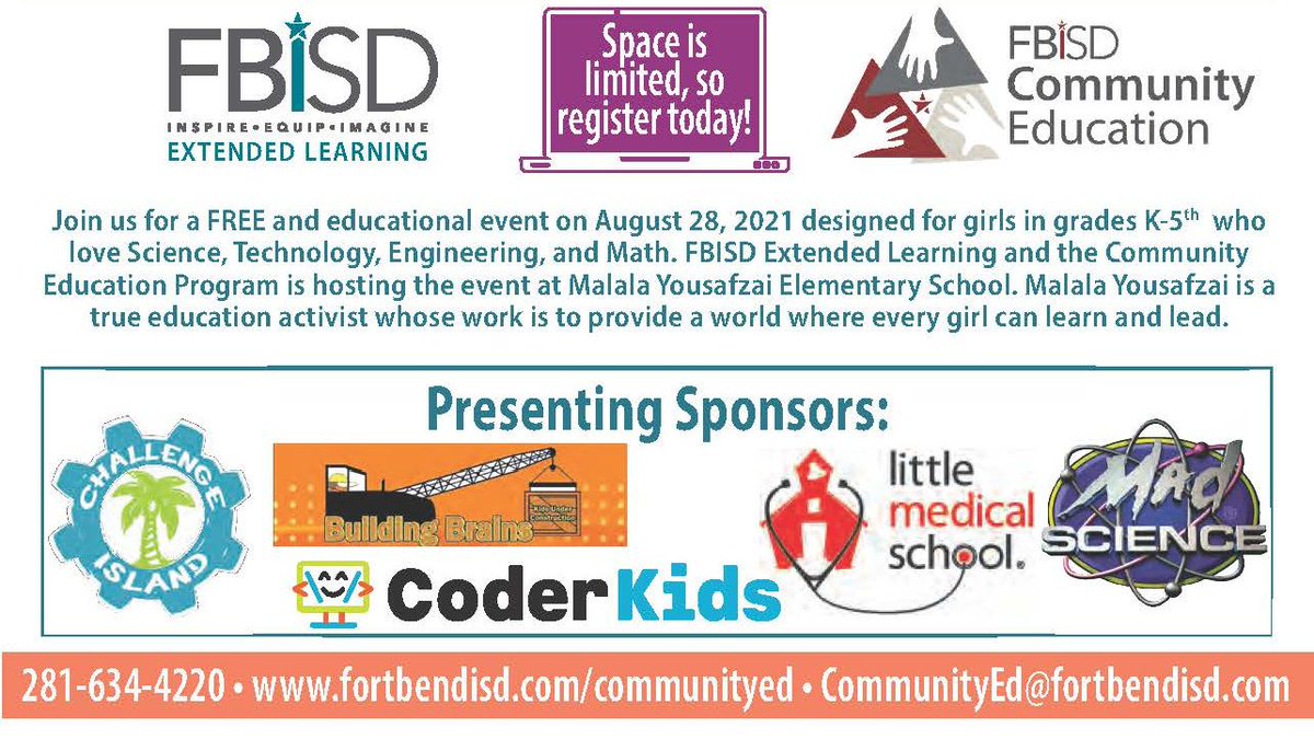 FBISD_extlearn's tweet photo. CHECK IT OUT! @FortBendISD will be hosting a FREE event on August 28th for girls in grades K-5th interested in engineering, math &amp; science at @MYE_Leopards! 👩‍🔬Registration is limited, so sign up today! 
REGISTRATION LINK: https://t.co/JrA0WQDGBJ https://t.co/crvkgmEons
