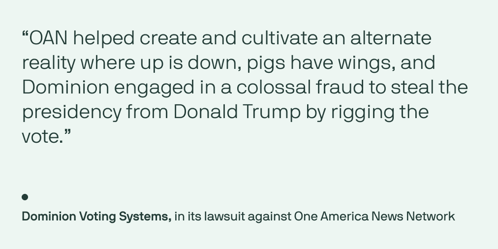 axios's tweet photo. Dominion Voting Systems is suing Newsmax, One America News Network, and businessman Patrick Byrne, alleging they defamed the company by spreading false accusations that it rigged the 2020 election.

https://t.co/Ua4Oq7sFGX https://t.co/ZZVhehny2i