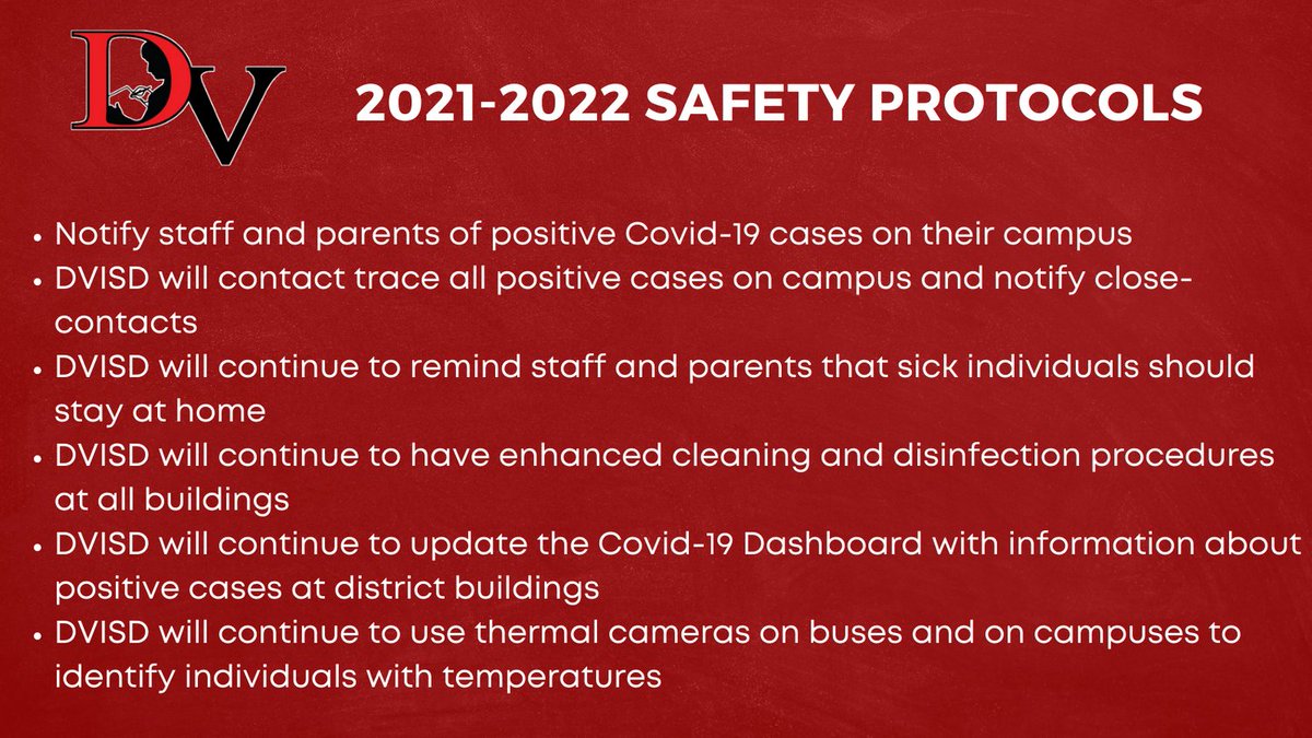 Although guidance from TEA no longer requires the safety protocols listed below, Del Valle ISD assures you that we will maintain our existing safety protocols. As a reminder, there will be a Superintendent meeting on Aug. 12. Meeting details: bit.ly/dvmeeting812
