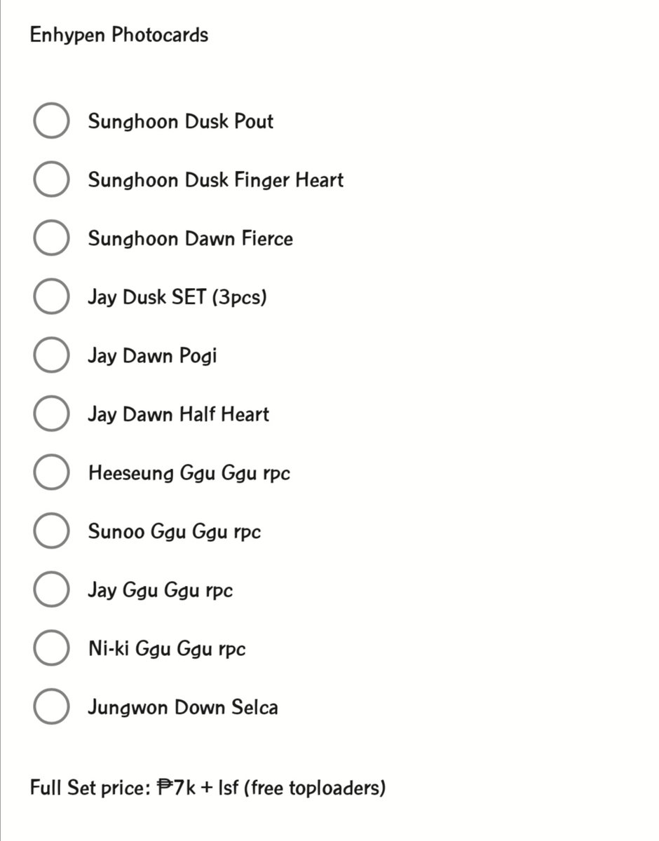 btxthypenweus's tweet photo. wts lfb ph

Onhand Enhypen Photocards SET

- ggu ggu rpc
- b:do
- b:c

*see pic for available pcs / members
*see thread for pc conditions
*see next tweet for price

🏷️ border day one carnival bd1 bdo bc album package random photocard Heeseung sunoo ni-ki niki jay sunghoon jungwon https://t.co/l86Hg5Q9qQ