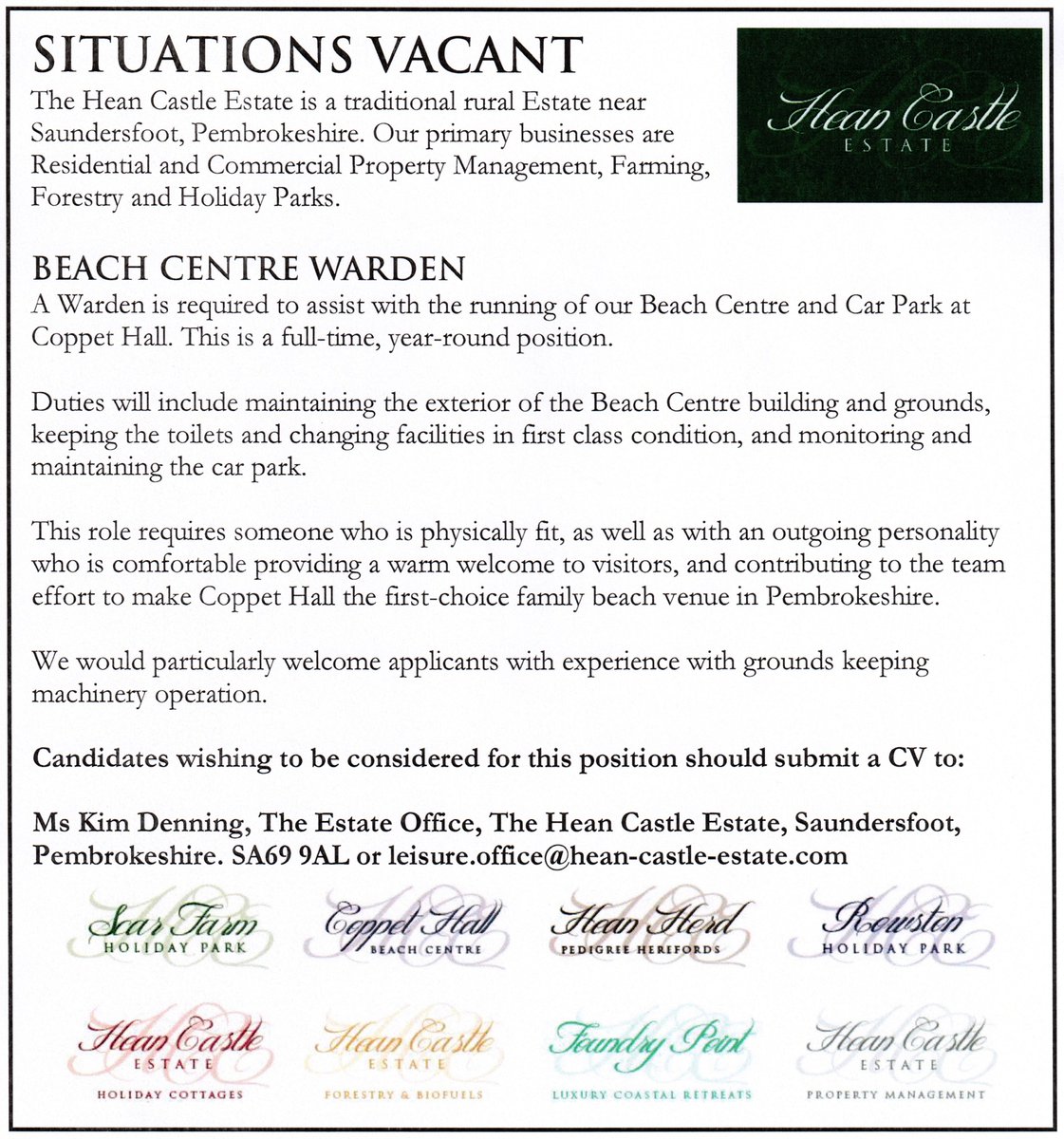 We are recruiting! It's not often that job opportunities come up on the Estate, to have three at one time is almost unheard of!