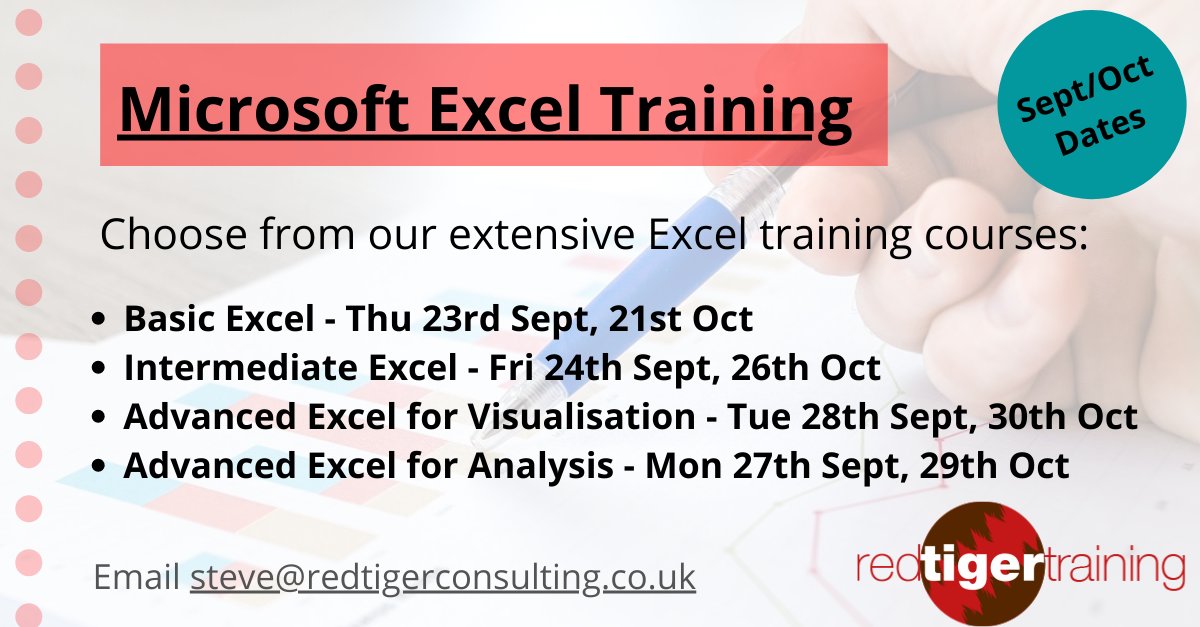 redtigerconsult's tweet image. We have #Exceltraining course dates below. We provide #BasicExcel, #IntermediateExcel, Advanced Excel for Visualisation and #AdvancedExcel for Analysis. Dates in Sep & Oct. Contact @halsally on steve@redtigerconsulting.co.uk for brochure.
@paul_halsall #excelskills #learnexcel