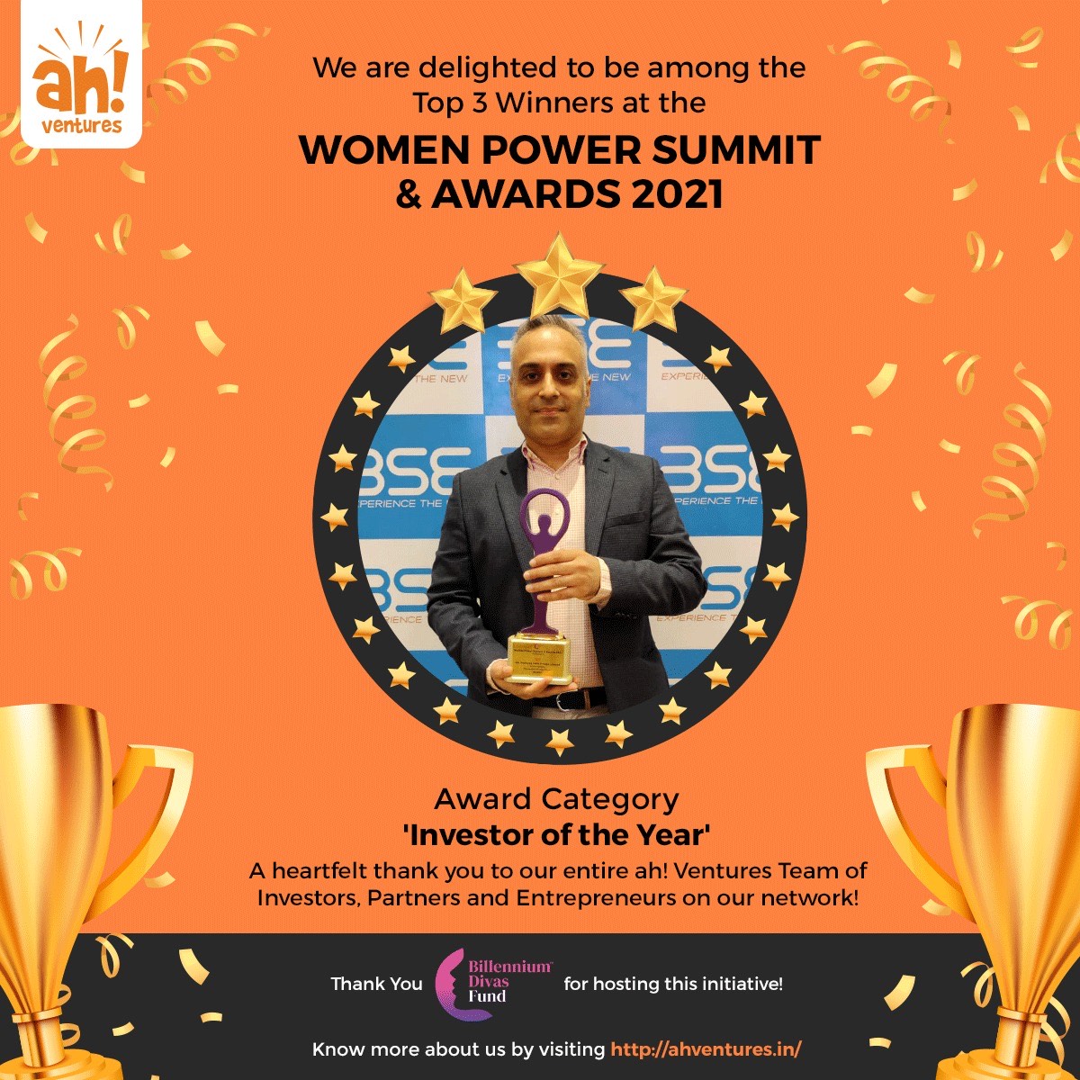 We are delighted to announce that ah! Ventures is selected among the top 3 winners in the Award Category, ''Investor of the Year'', at the Women Power Summit &amp; Awards 2021.
To know more about us, visit ahventures.in.
#womenpreneur #wpsa2021 #divasspeak #ahVentures