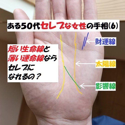 手相刑事 江幡 龍 では短い生命線と薄い運命線の持ち主はみなセレブになれるのかというと それも違います この方の場合 薄い線 ですが特に恵まれ度の高い線が入っています 強力な支援者が付く影響線 金運 人気が最強の長い太陽線 まっすぐな財運線と