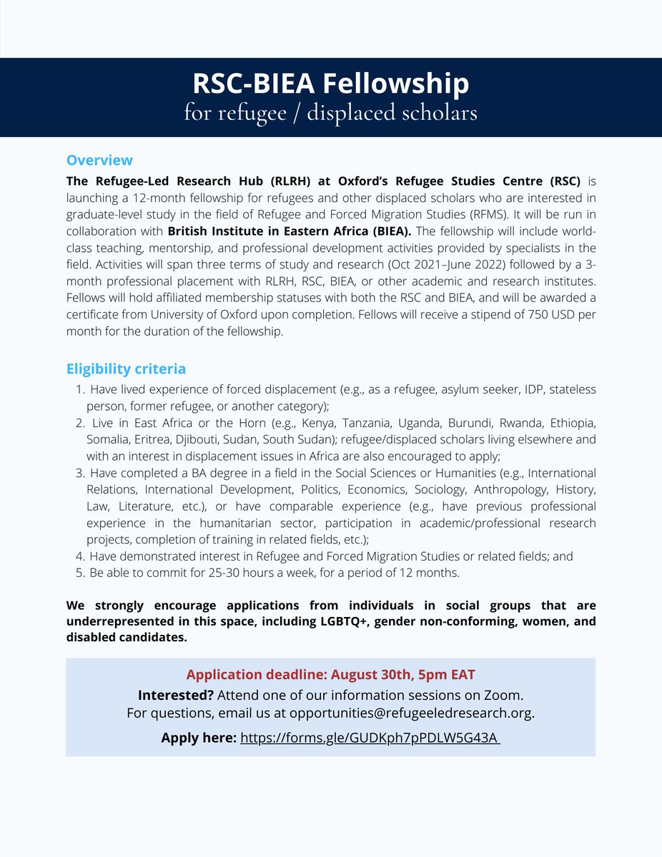 📣 Opportunity for refugee / displaced scholars 📣
 
Applications are now open for the RSC-BIEA Fellowship in Refugee Studies. 12 funded positions for a 1-year programme are available to candidates w/ a displacement background.
 
Interested? Apply here!: forms.gle/GUDKph7pPDLW5G…