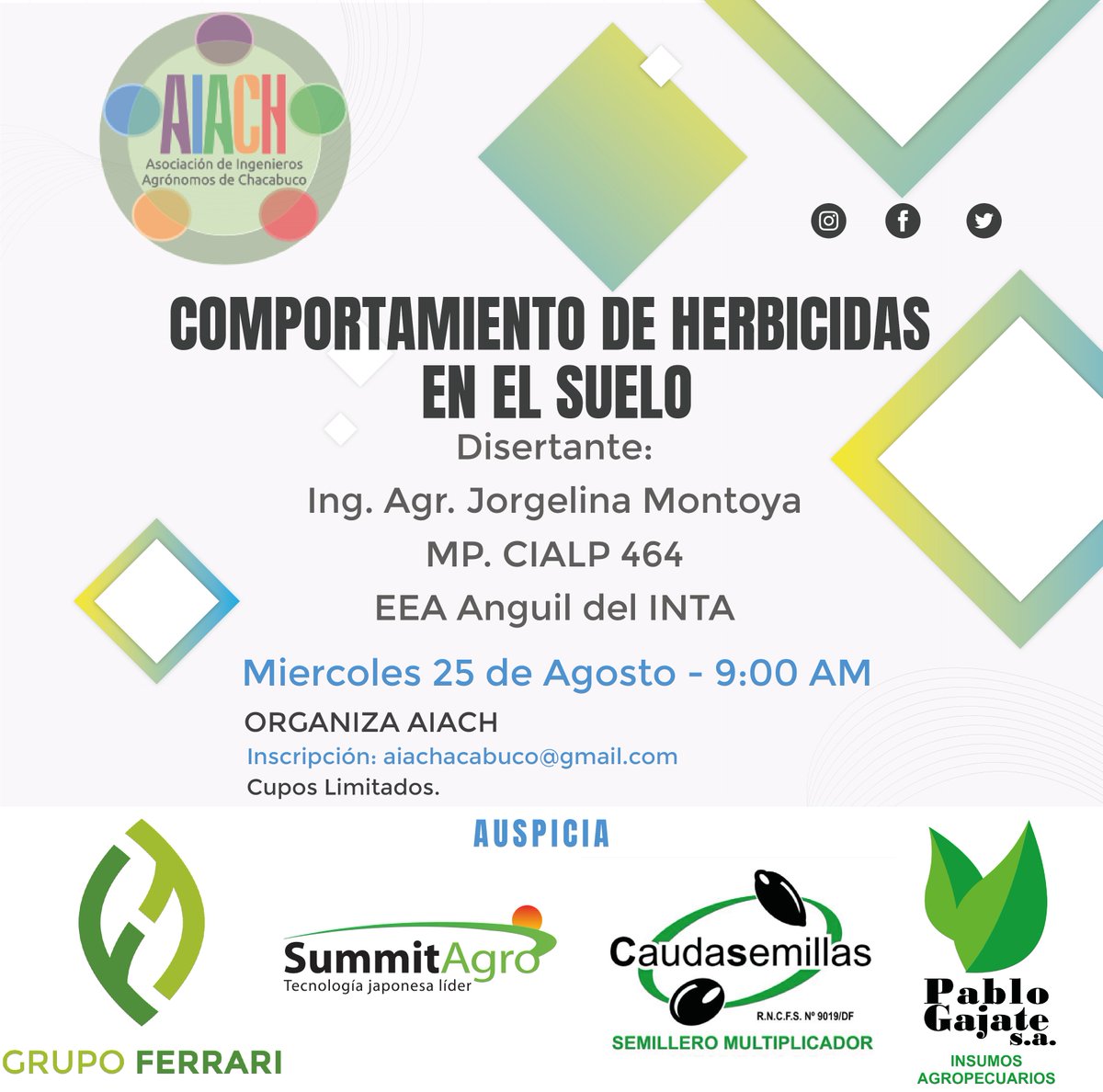 aiach2015's tweet photo. "Comportamiento de herbicidas en el suelo"
👩‍💻Charla Gratuita
📢Disertante  Ing Agr Jorgelina Montoya 
👉¿Años secos y de baja temperaturas es mayor el riesgo de carryover?
⚠️Cupos Limitados 
📍Inscripción a aiachacabuco@gmail.com
😃Organiza AIACH
#Charla #Online #Virtual #Suelos https://t.co/SMJjHDtaZK