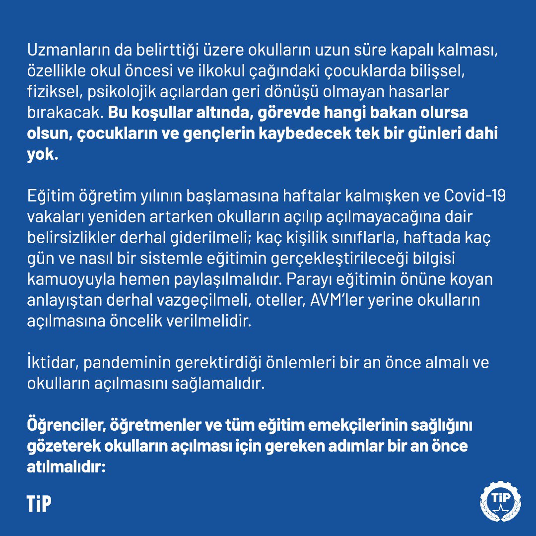 tipgenelmerkez's tweet photo. Okulların açılmasına haftalar kala eğitimde belirsizlik sürüyor. Öğrencilerinse kaybedecek tek bir günleri dahi yok!

🔹Eğitimin nasıl yürütüleceği açıklansın.
🔹Pandemide öncelik okullara verilsin.
🔹Yüz yüze eğitim için gerekli koşullar sağlansın.
🔹Yaygın aşılama yapılsın. https://t.co/fD7Y8KixF2