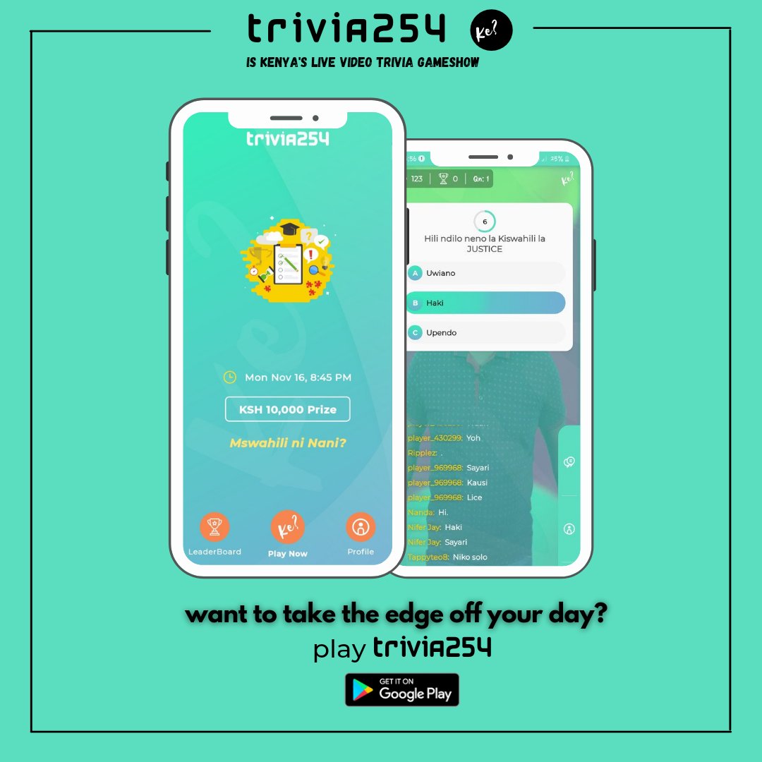trivia254's tweet photo. Usiboeke❕ Get the #Trivia254 app now for nightly witty, whip-smart and riveting trivia contests. Get the app via ➡️ https://t.co/kr6RUS8y15 https://t.co/DF7xLIisD1