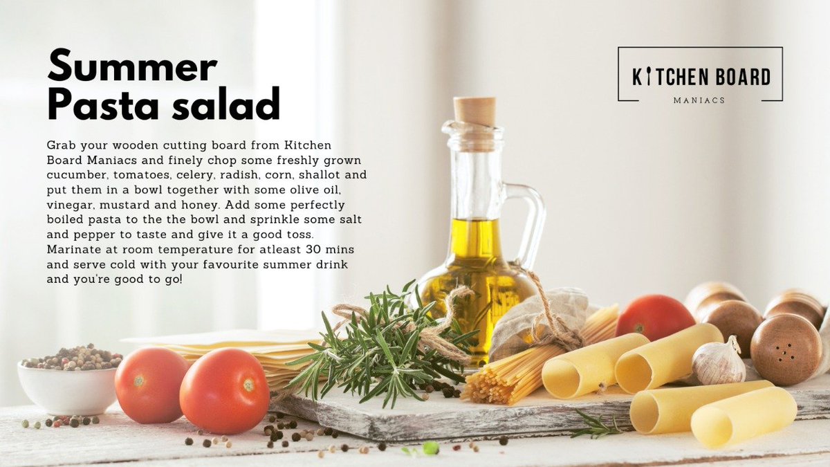 KitchenBoardM's tweet image. Summer Pasta Salad
Grab your Kitchen Board Maniacs wooden cutting board and finely chop some fresh vegetables and combine them in a basin with some olive oil, vinegar, mustard, and honey with salt and pepper. Marinate for at least 30 minutes.
#choppingblock 
#choppingboard