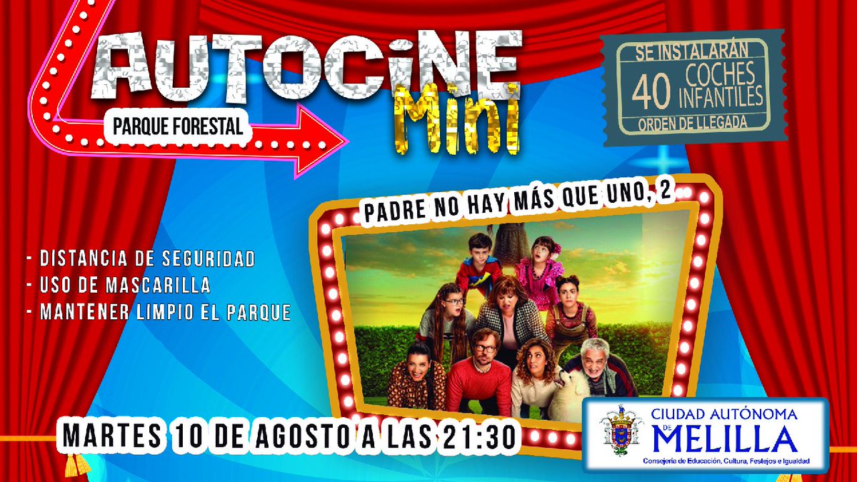 cultura_melilla's tweet photo. Las noches en el Parque Forestal son un disfrute para los más pequeños y sus familias. Te invitamos a las 21:30h hoy para ver “Padre no hay más que uno 2”.

#AutoCine #Melilla #Cultura #Cine #Verano @l_circe https://t.co/CsTCicLLcw