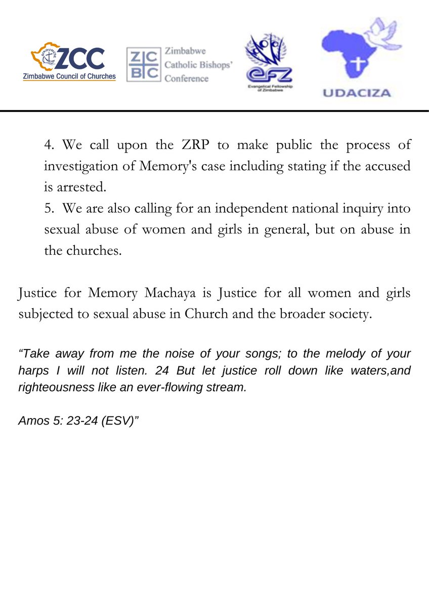 zccinzim's tweet photo. Zimbabwe Heads of Christian Denominations Statement around the Memory Machaya incident in Marange.
#Justice4Memory https://t.co/548li8Lfre